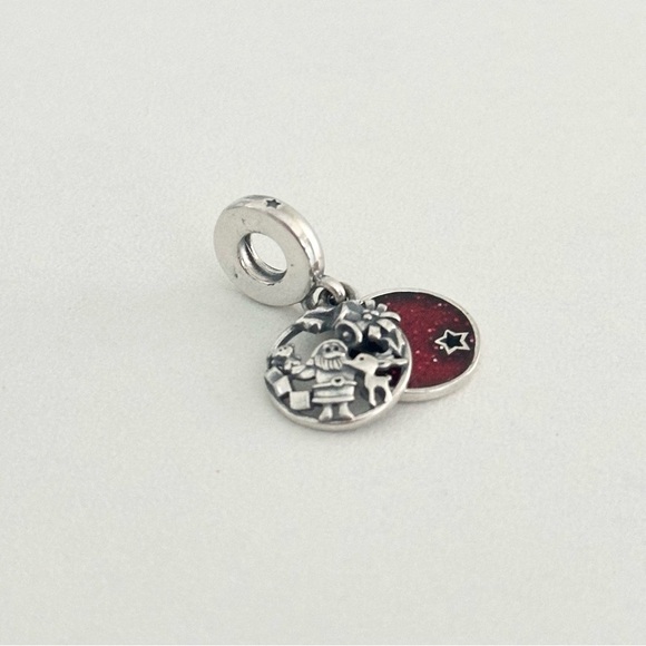Pandora Love Peace Joy Santa Red Enamel Double Disc Dangle Bead Charm - Picture 4 of 6